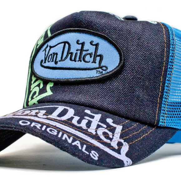 Von Dutch Women\'s Denim Logo Trucker Cap in Navy and Light Blue main image 6